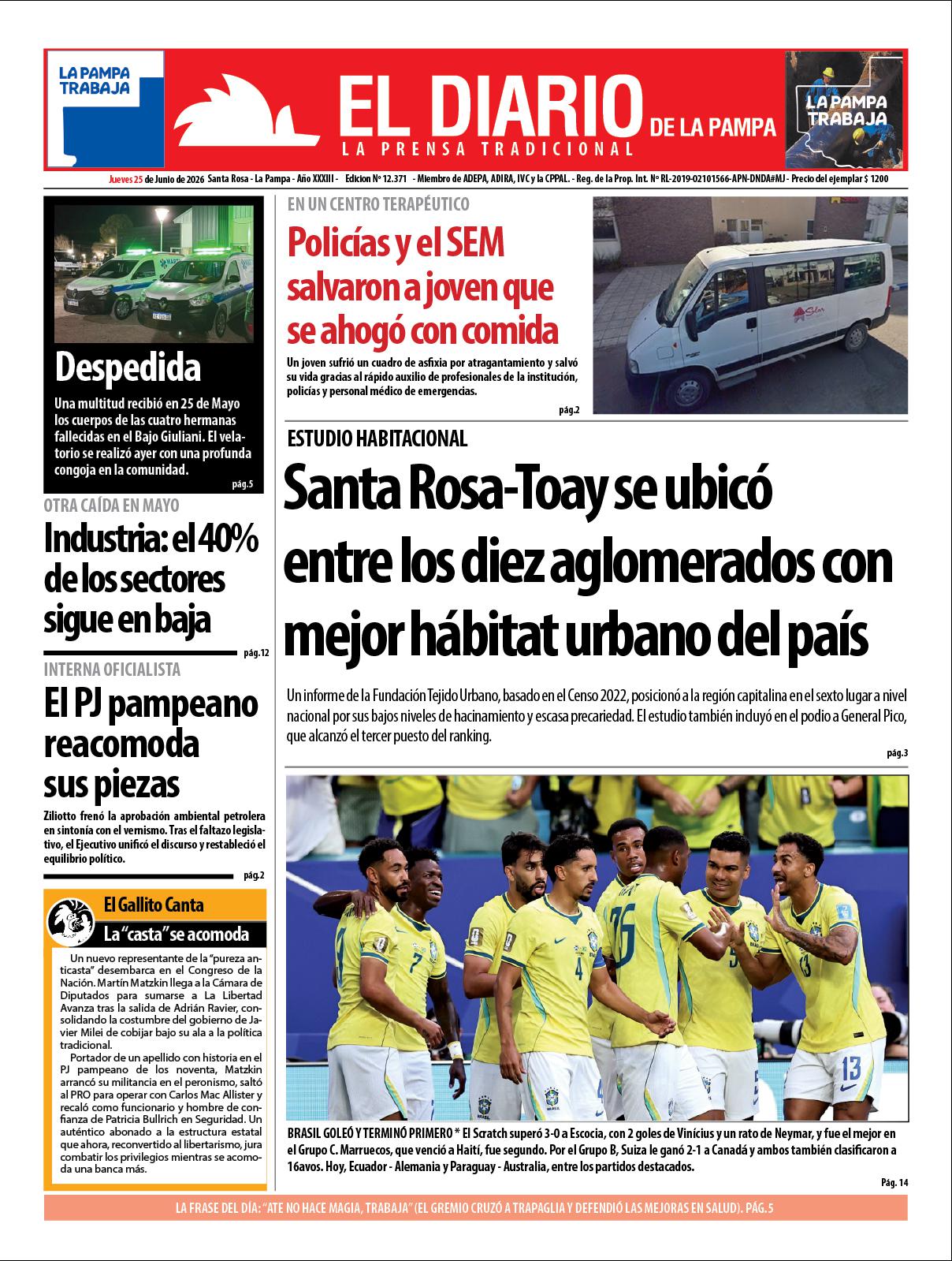 Tapa de El Diario en papel  jueves 25 de junio de 2026